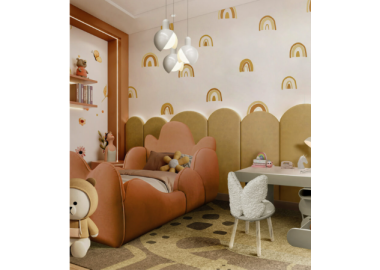 מיטת יחיד דגם עננים בגוון כתום