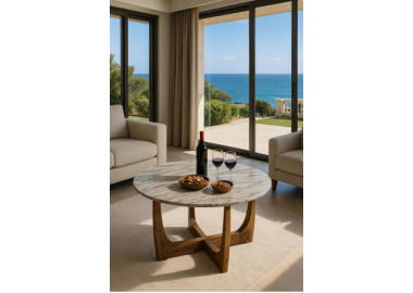 שולחן סלון עגול בגוון שיש טבעי ועץ מנגו כהה