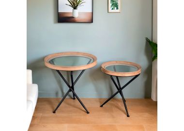 זוג שלחנות מעץ בשילוב זכוכית דגם  248062