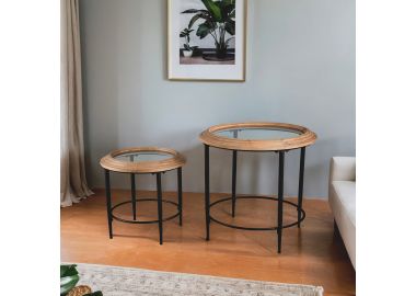 זוג שולחנות סלון עגולים בשילוב זכוכית דגם 249113 