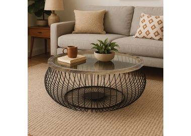 שולחן סלון עגול עם זכוכית ומסגרת עץ דגם GFJ20-372G