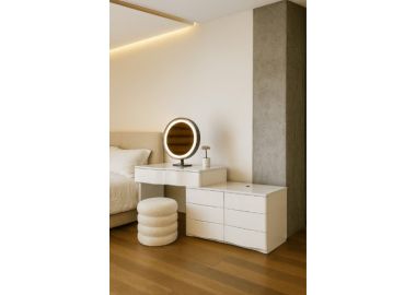 שידת איפור צבע לבן + מראה דמוי שיש והדום דגם ליאן