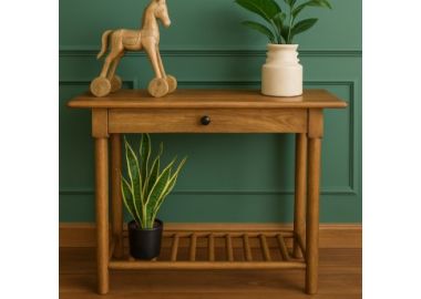 קונסולת עץ מלא בעיצוב כפרי עם מגירה ומדף תחתון
