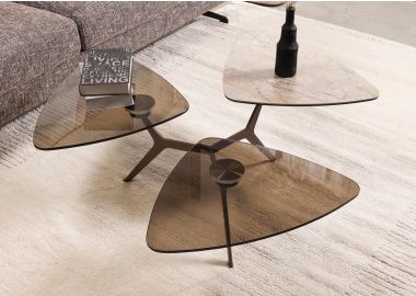 שולחן סלון נפתח לשלושה קרמיקה וזכוכית חום/בז' דגם TRIO