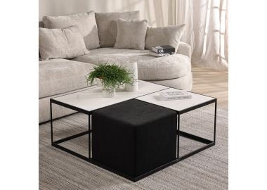 שולחן סלון 100*100 ס"מ שיש לבן משולב הדום בד שחור דגם INTWINE