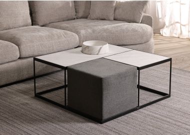 שולחן סלון 100*100 ס"מ שיש לבן משולב הדום בד אפור דגם INTWINE