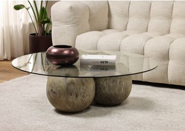 שולחן סלון עגול בקוטר 110 ס"מ זכוכית משולבת עץ אשוח בגוון טבעי דגם ספירה