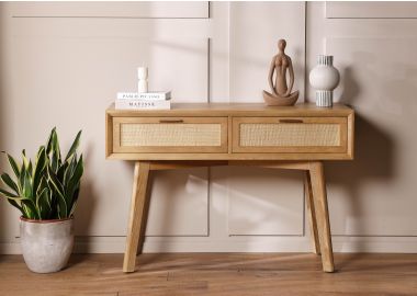 קונסולה 120 ס"מ 2 מגירות פורניר אלון משולב ראטן בגוון טבעי דגם פוקט