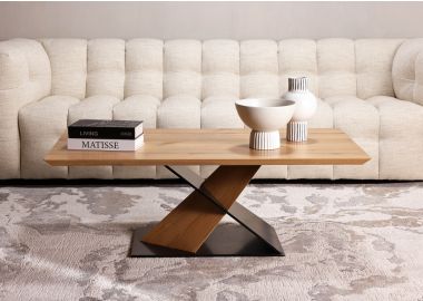 שולחן סלון 68*120 ס"מ פורניר עץ אלון בשילוב מתכת דגם טרינו