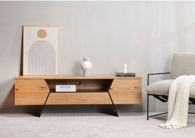 מזנון 170 ס"מ פורניר אלון בגוון טבעי בשילוב מתכת שחורה דגם טרינו