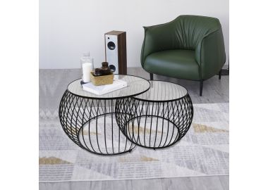 זוג שולחנות סלון שילוב מתכת שחורה וזכוכית דגם 23001