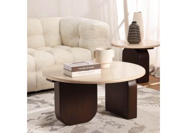 שולחן סלון עגול קוטר 90 ס"מ עץ מנגו לבן משולב חום דגם מנדוזה