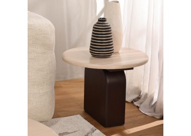 שולחן סלון עגול קוטר 60 ס"מ עץ מנגו לבן משולב חום דגם מנדוזה