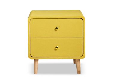 שידת לילה 2 מגירות MDF מצופה בד בגוון צהוב דגם סילי