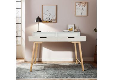 שולחן עבודה 60*119 ס"מ פורניר בגוון לבן משולב רגלי עץ דגם פריים