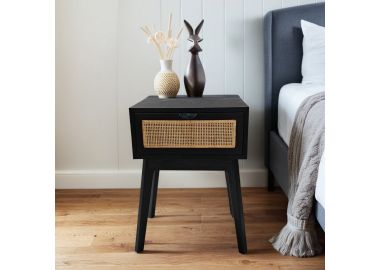 שידת לילה מגירה אחת מלמין בשילוב ראטן בגוון שחור דגם פנדה