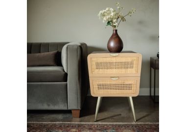 שידת לילה 2 מגירות מלמין בשילוב ראטן בגוון טבעי דגם קאדו