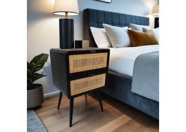 שידת לילה 2 מגירות מלמין בשילוב ראטן בגוון שחור דגם קאדו