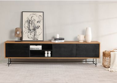 מזנון 220 ס"מ פורניר אלון חזית בשחור ומסגרת בגוון עץ טבעי דגם מון