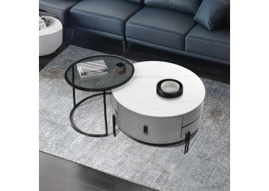 סט זוג שולחנות סלון משטח דמוי שיש וזכוכית דגם 061