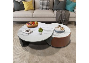 זוג שולחנות סלון משטחים דמויי שיש וגווני מתכת ועץ דגם 062