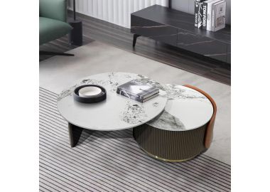 סט זוג שולחנות אוכל שילוב זכוכית בעיטור שיש  דגם 056