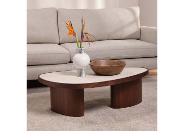 שולחן סלון 62*105 ס"מ פורניר אגוז משולב פלטת טרוורטין סינטטי דגם ווינגס