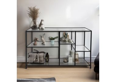 כוננית מסגרת מתכת שחורה ומדפי זכוכית שקופים דגם 23013