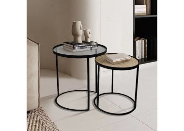 זוג שולחנות קפה שילוב משטח זכוכית אלגנטי ומשטח ראטן דגם 503