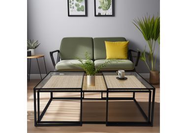 זוג שולחנות סלון מסגרת מתכת שחורה עם משטחי ראטן טבעיים דגם 505