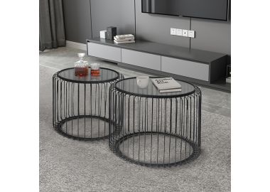 זוג שולחנות סלון בסיס מתכת שחור בעיצוב פתוח ומעוגל דגם 407