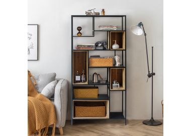 כוננית מדפים ממתכת חזקה עם תאים בעיצוב עץ טבעי דגם 19068