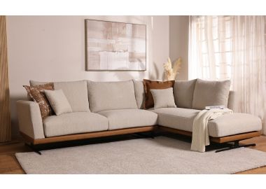 ספה פינתית ימין 300 ס"מ בד בגוון אבן משולבת דמוי עור דגם ליה