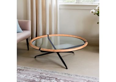 שולחן סגול עם משטח זכוכית ומסגרת עץ טבעי דגם GA24016 