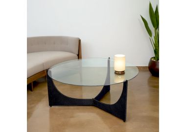 שולחן סלון עגול עם זכוכית ומתכת שחורה דגם GA243014 