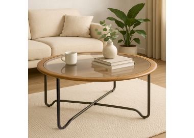 שולחן סגול עם משטח זכוכית ומסגרת עץ טבעי דגם GA24016 