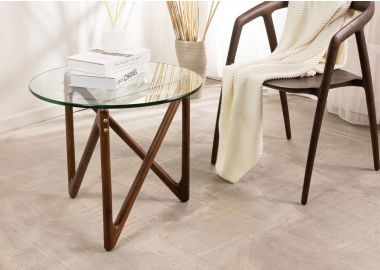 שולחן קפה/צד עגול זכוכית משולב עץ אגוז קוטר 60 סמ דגם AMSTERDAM