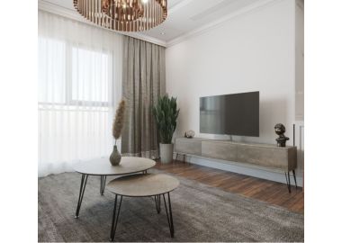 סט מזנון רוחב 1.8 מטר וזוג שולחנות לסלון בעיצוב גרניט זהב