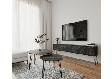 סט מזנון רוחב 2 מטר וזוג שולחנות לסלון בעיצוב גרניט שחור