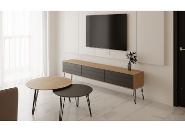 סט מזנון רוחב 1.8 מטר וזוג שולחנות לסלון סדרת שחור משולב אלון