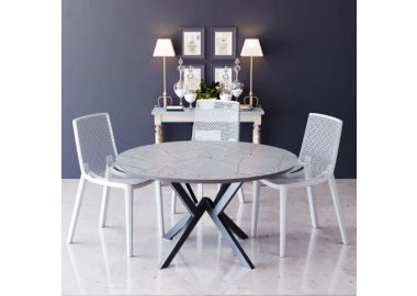 פינת אוכל עגולה בגוון גרניט אפור דגם פיזה עם 4 כסאות בגוון לבן
