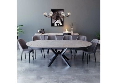 פינת אוכל עגולה נפתחת גרניט מוזהב + 4 כסאות דמוי עור דגם ונוס גוון אפור