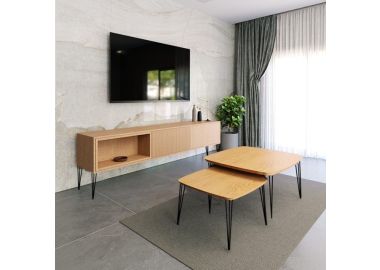 סט מזנון 180 ס"מ וזוג שולחנות לסלון דגם איסלנד אלון טבעי