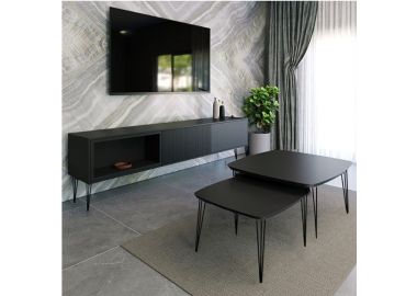 סט מזנון 200 ס"מ וזוג שולחנות לסלון דגם איסלנד בלאק