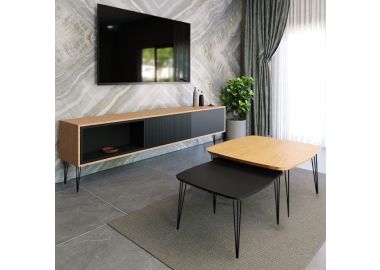 סט מזנון 200 ס"מ וזוג שולחנות לסלון דגם איסלנד בלאק משולב