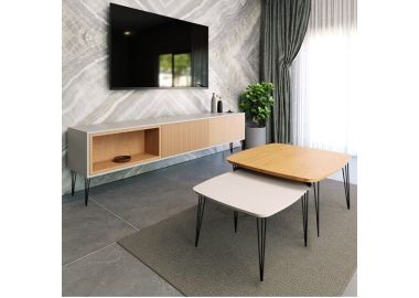 סט מזנון 180 ס"מ וזוג שולחנות לסלון דגם איסלנד לבן משולב