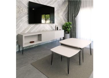 סט מזנון 180 ס"מ וזוג שולחנות לסלון דגם איסלנד שלג