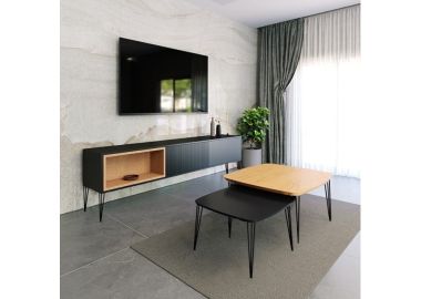 סט מזנון 200 ס"מ + זוג שולחנות איכותיים דגם איסלנד שחור משולב