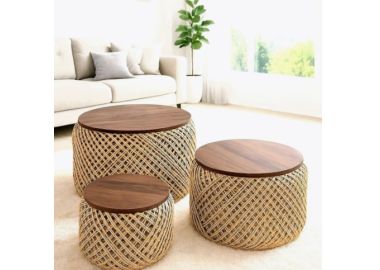 סט 3 שולחנות סלון ראטן עם משטח עץ