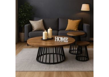 סט 3 שולחנות סלון עגולים בגוון עץ טבעי עם רגלי מתכת שחורות